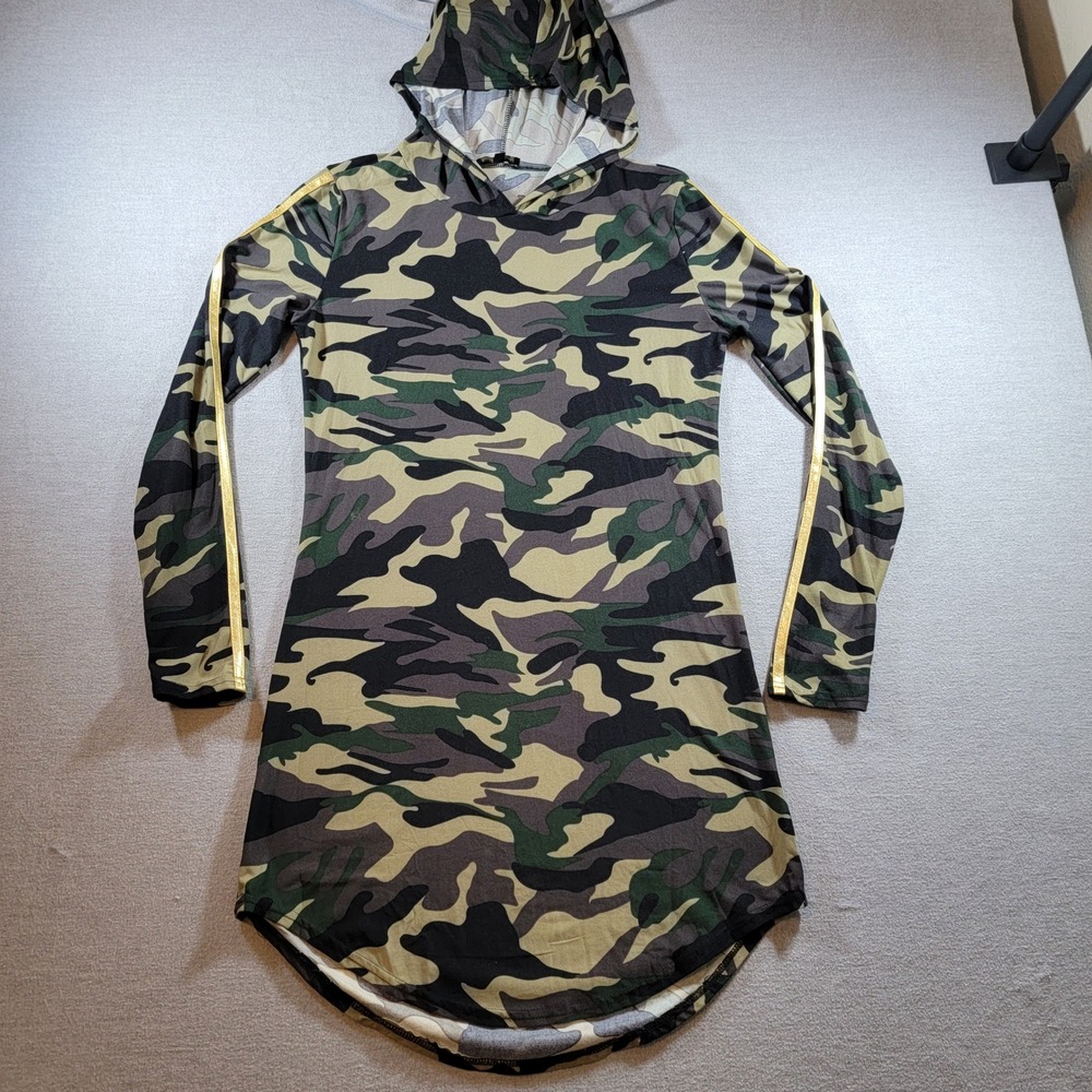 Peachy Girl Hoodie Dress Womens Large Camo Excellent Gold Stripe Long Sleeve